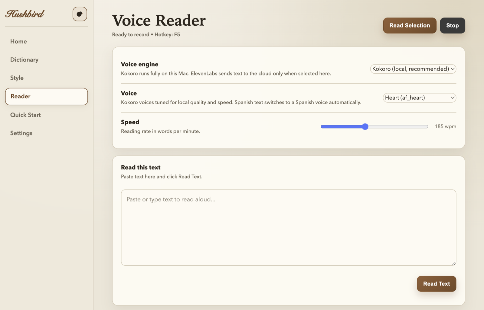 Hushbird reader tab with voice and speed controls