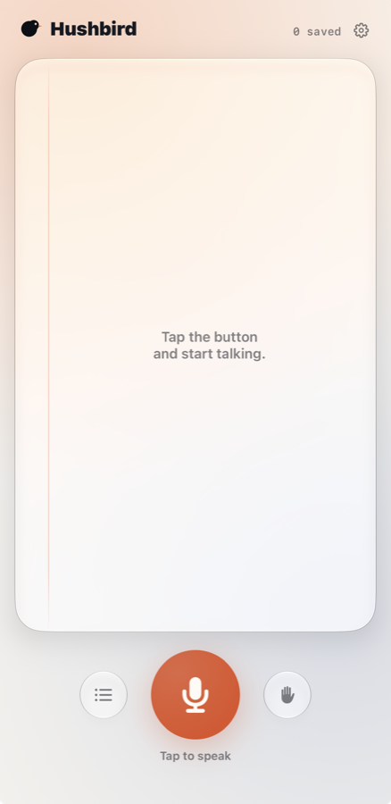 The Hushbird note page on iPhone with a microphone button labelled Tap to speak