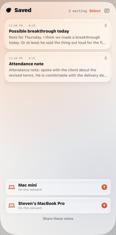 Hushbird on iPhone, with two Macs on the same network ready to receive a note